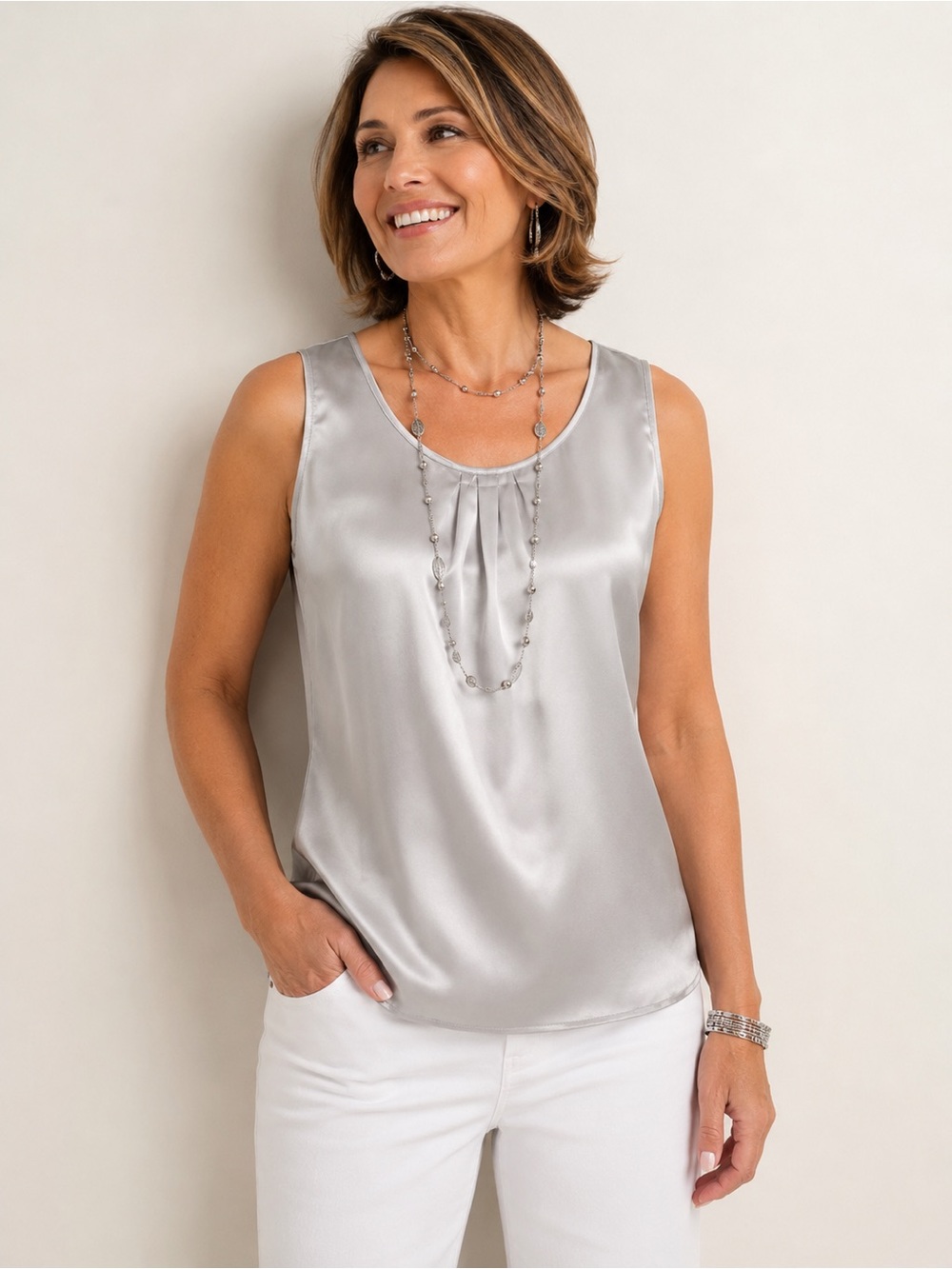 Chico’s Silver Satin Silky Sleeveless Tank Shell Blouse Size 2 = 12 / 14 Large